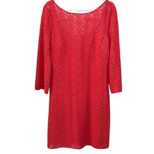 Lilly Pulitzer Coral Lace Shift Dress 3/4 Sleeve Scoop Neck Size L Cocktail
